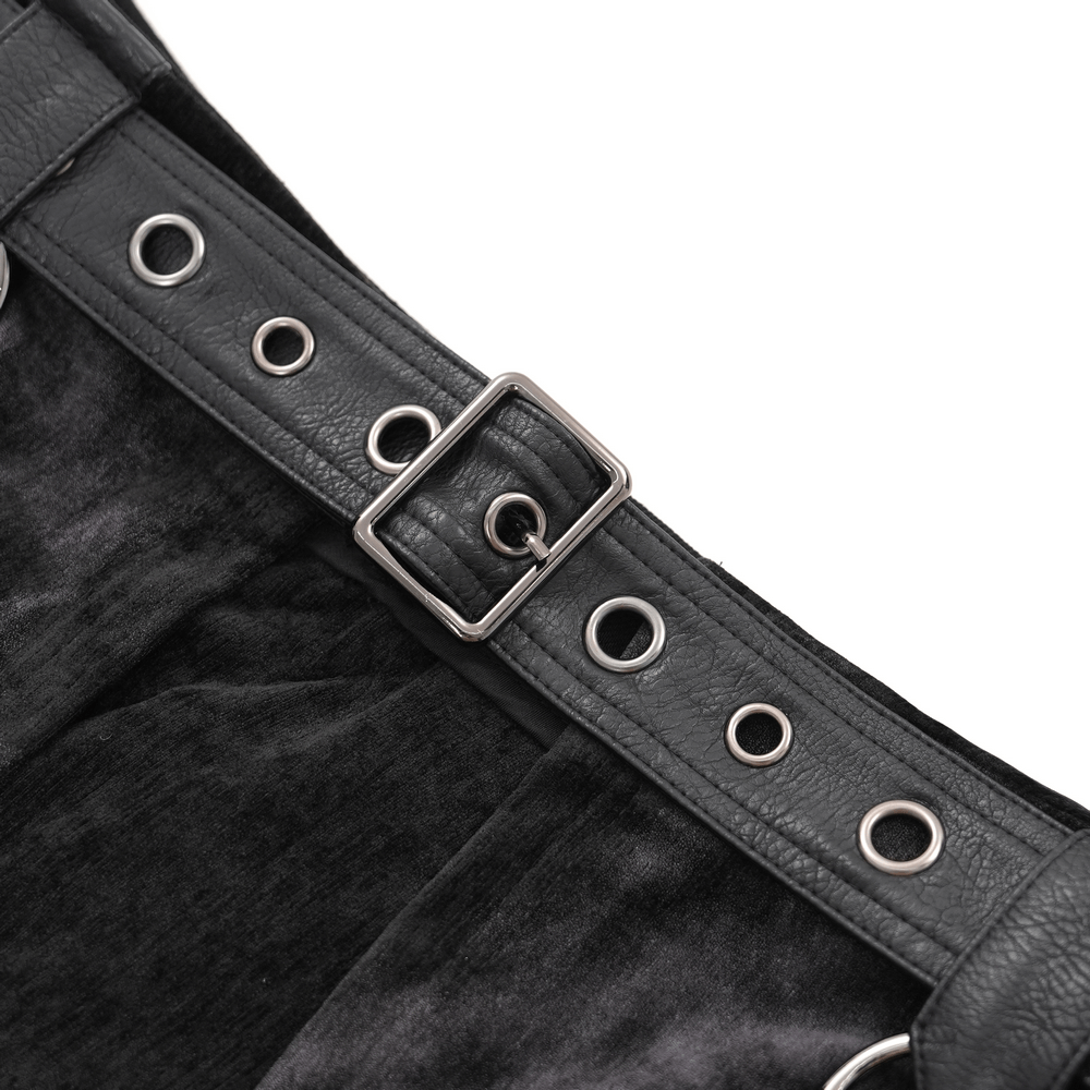 Close-up of Gothic punk skirt's adjustable leather waistband with buckles and metal grommets, perfect for alternative fashion.