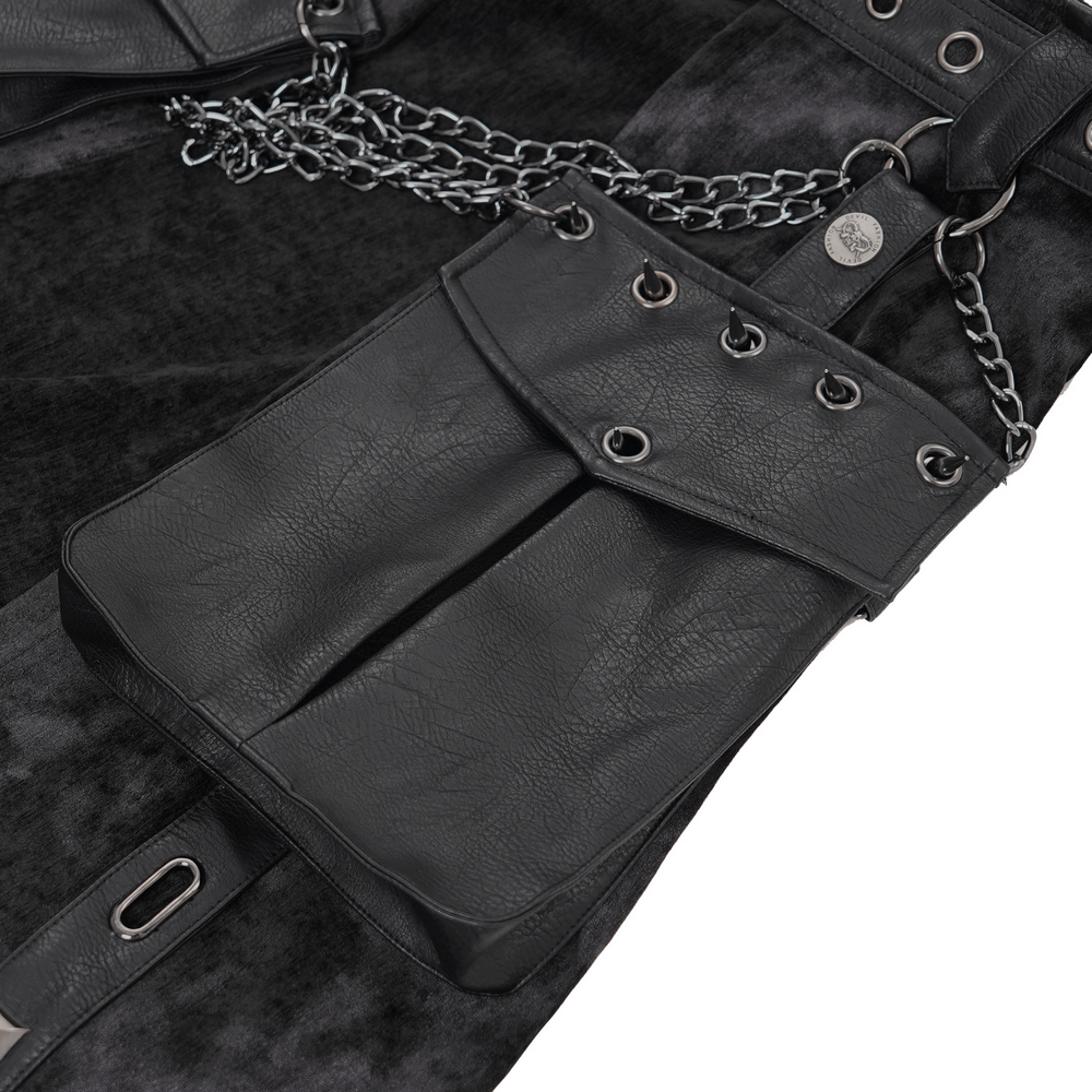 Close-up of Gothic punk skirt featuring detachable leather pouches and chains, ideal for alternative fashion.