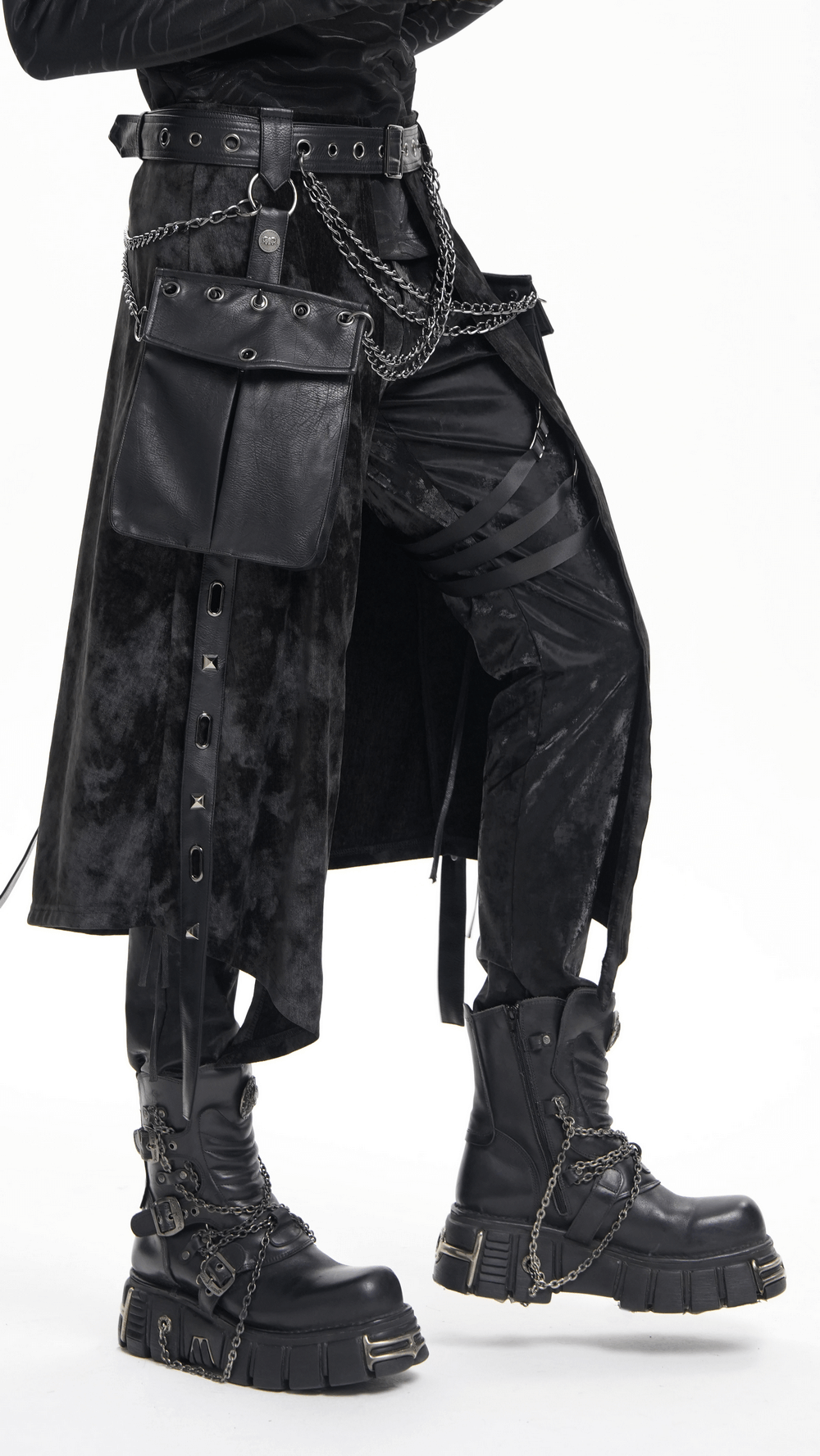 Gothic punk split skirt with chains, leather accents, and chunky boots for edgy alternative fashion.