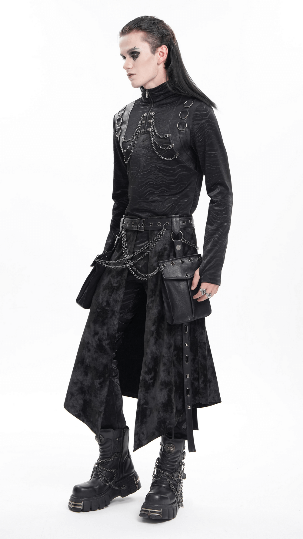 Gothic punk model wearing a split skirt with detachable chains, leather accessories, and stylish boots against a white background.