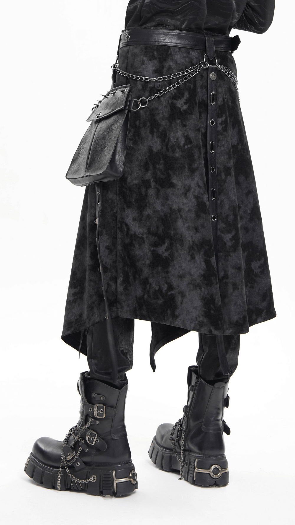 Gothic punk skirt with chains and leather pouch, featuring a bold split design and adjustable straps for alternative styling.