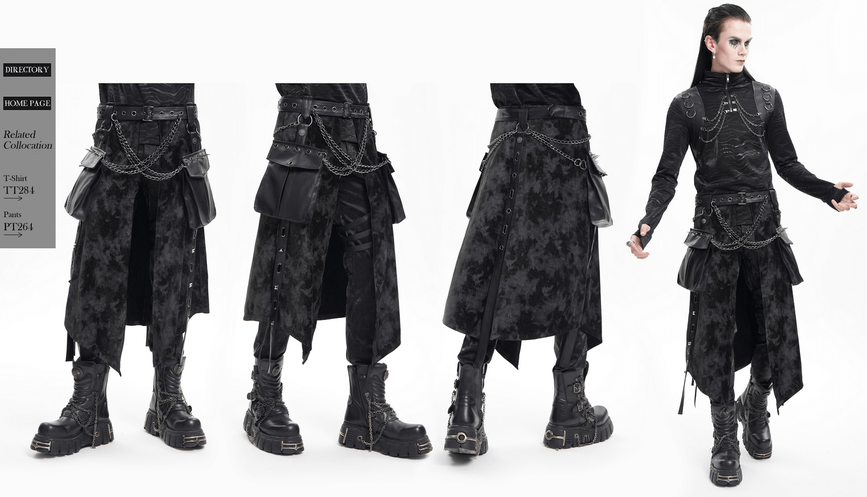 Gothic punk skirt with chains and leather accents, featuring a dramatic split design and adjustable waist straps.