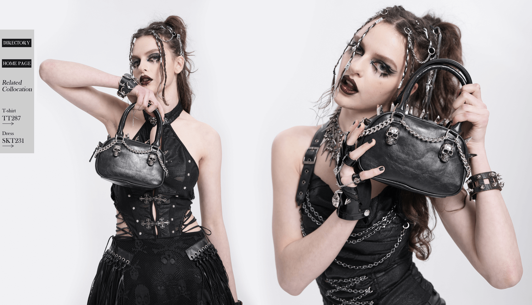 Stylish model showcasing a Gothic punk skull handbag with spikes and chain straps, perfect for alternative fashion.