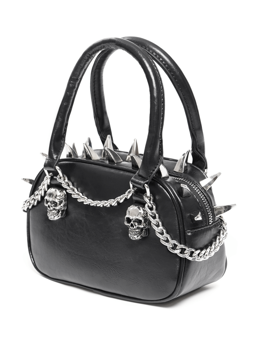 Gothic punk skull handbag with spikes and chain straps, perfect for alternative fashion lovers.