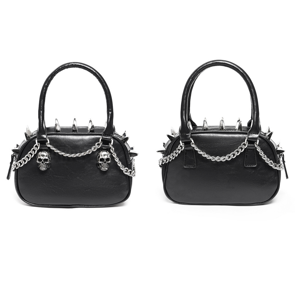 Gothic punk skull handbag with spikes and chain strap, perfect for edgy alternative fashion lovers.