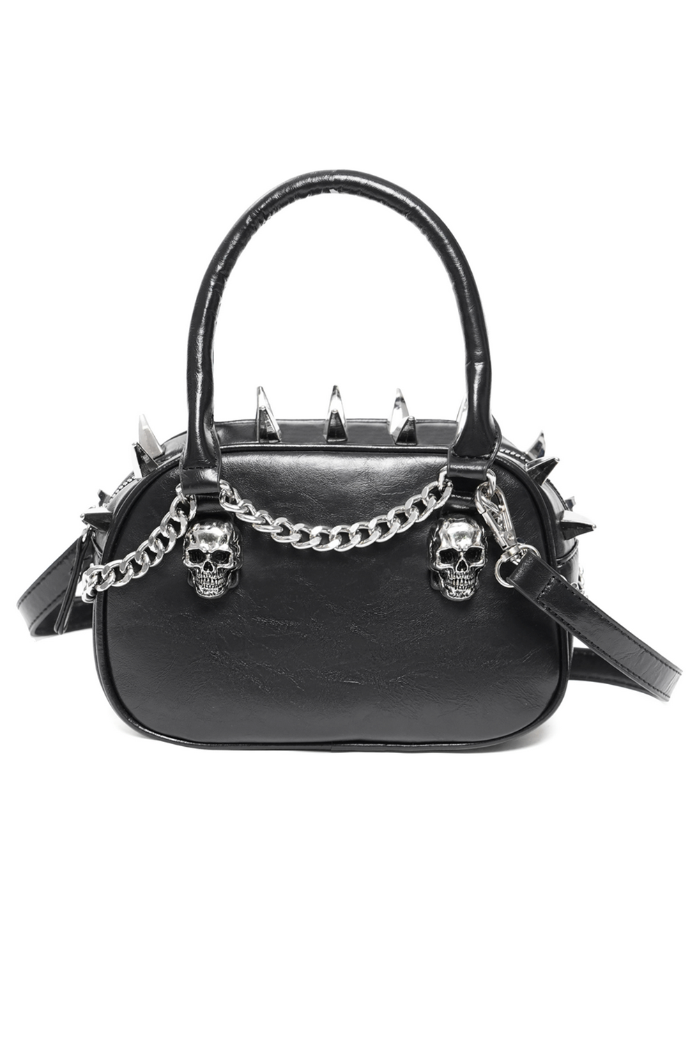 Gothic punk skull handbag with spikes and chain strap, perfect for edgy fashion lovers.