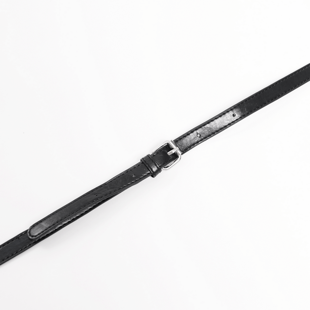 Sleek black leather belt with a silver buckle, perfect for adding a stylish touch to any outfit.