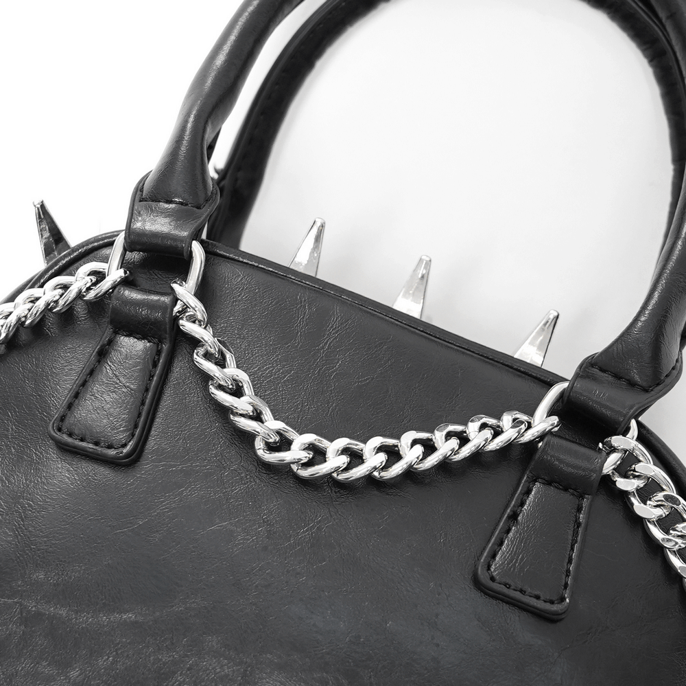 Gothic punk skull handbag with spikes and chain straps, perfect for edgy fashion lovers.