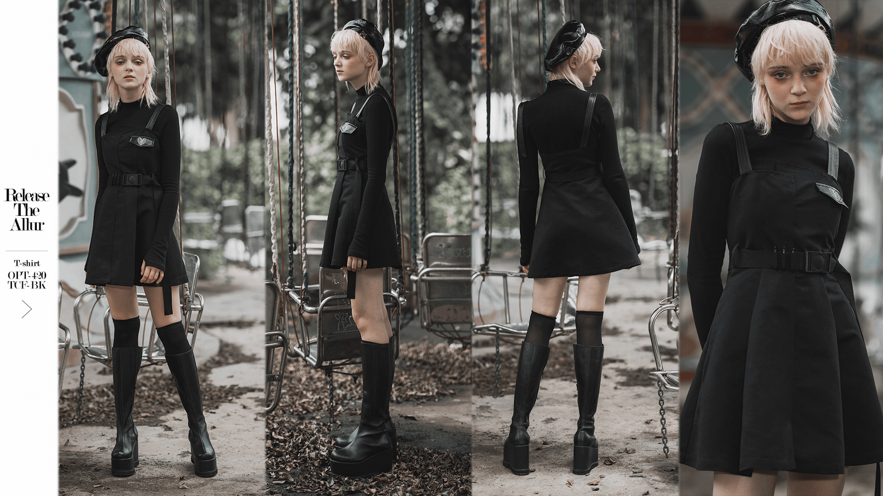 Edgy Gothic Punk sleeveless dress showcasing a narrow waist and unique asymmetrical collar in a dramatic outdoor setting.