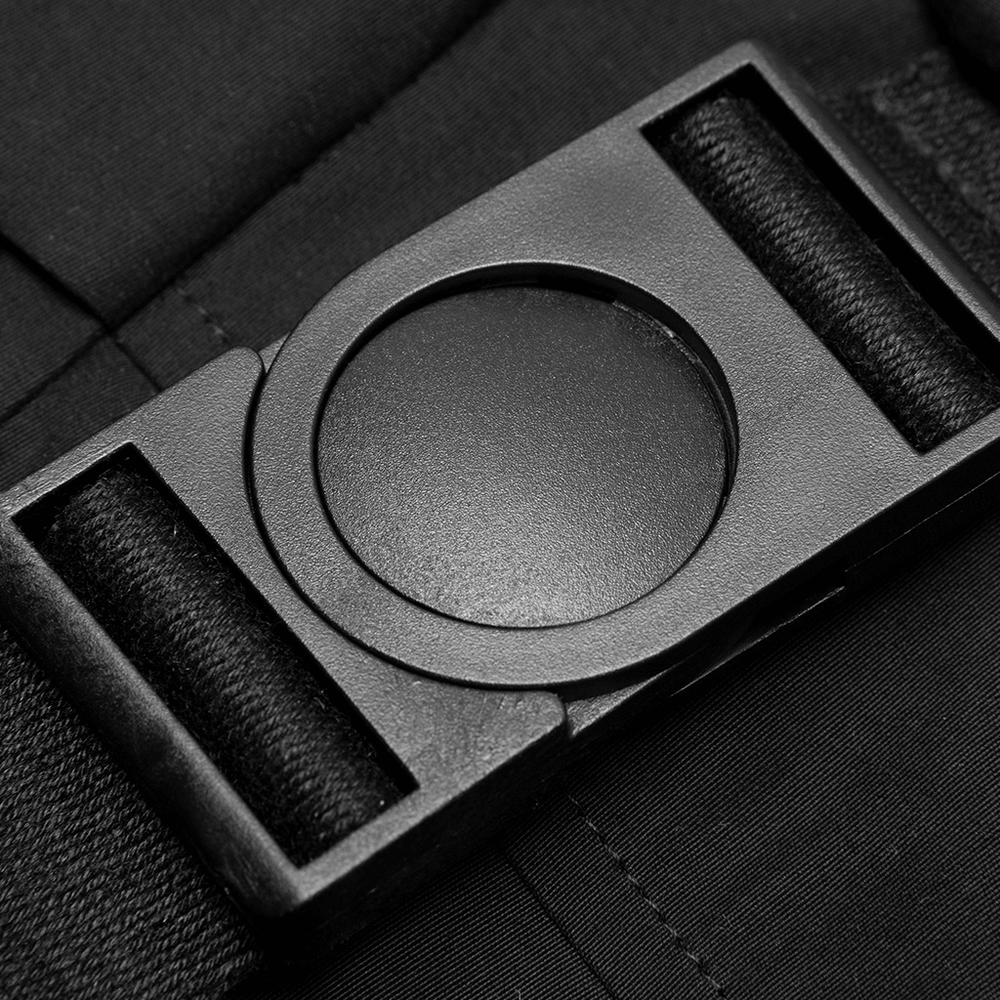 Close-up of the adjustable belt buckle on the Gothic Punk sleeveless dress, showcasing its edgy design and sleek finish.