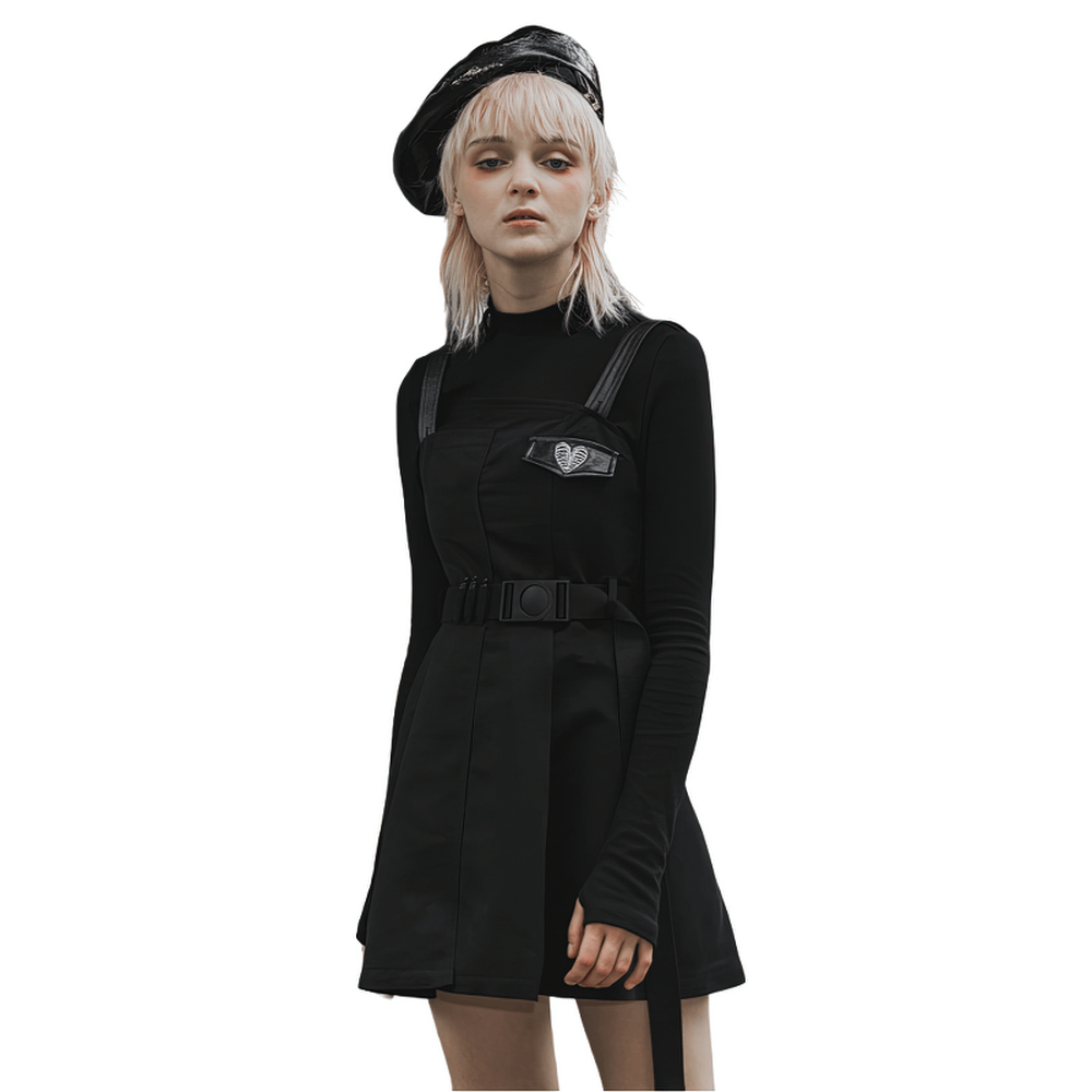 Gothic punk sleeveless dress with belt and embroidery, featuring edgy design and unique asymmetrical collar.