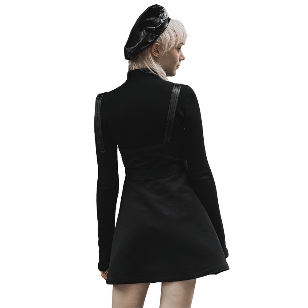 Edgy Gothic punk sleeveless dress with suspenders and unique asymmetrical collar from the back view.