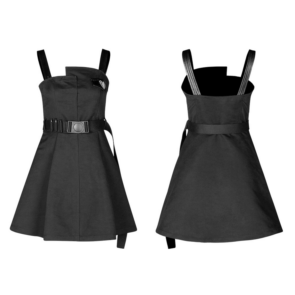 Edgy Gothic Punk sleeveless dress with belt and asymmetrical collar for a unique look.
