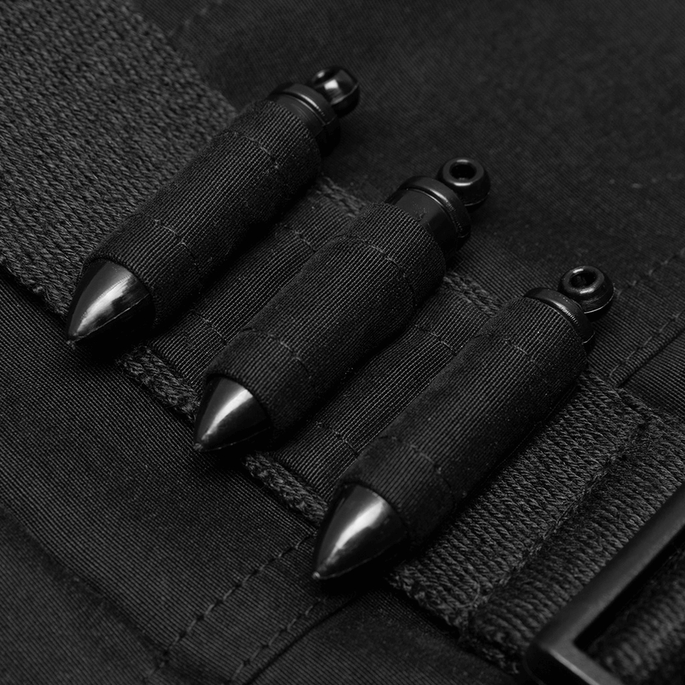 Close-up of black gothic punk dress belt details with stylish pin holders for an edgy look.