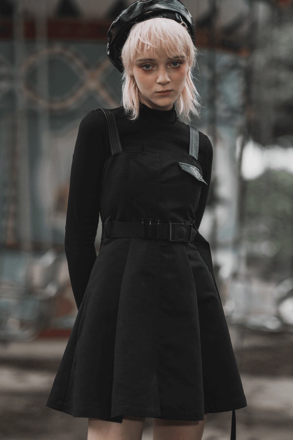 Gothic punk sleeveless dress with belt and embroidery, featuring edgy X-silhouette and unique asymmetrical collar.