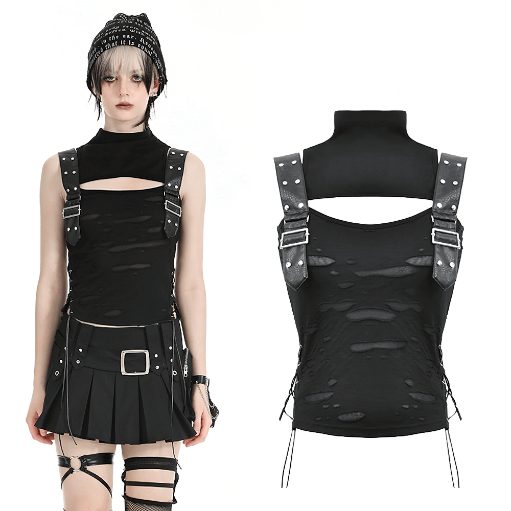 Edgy Gothic Punk sleeveless ripped top with buckle straps and side laces, perfect for alternative fashion layering.