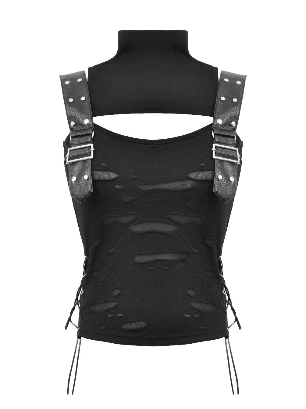 Edgy black sleeveless ripped top with buckle straps and side laces, perfect for alternative fashion lovers.