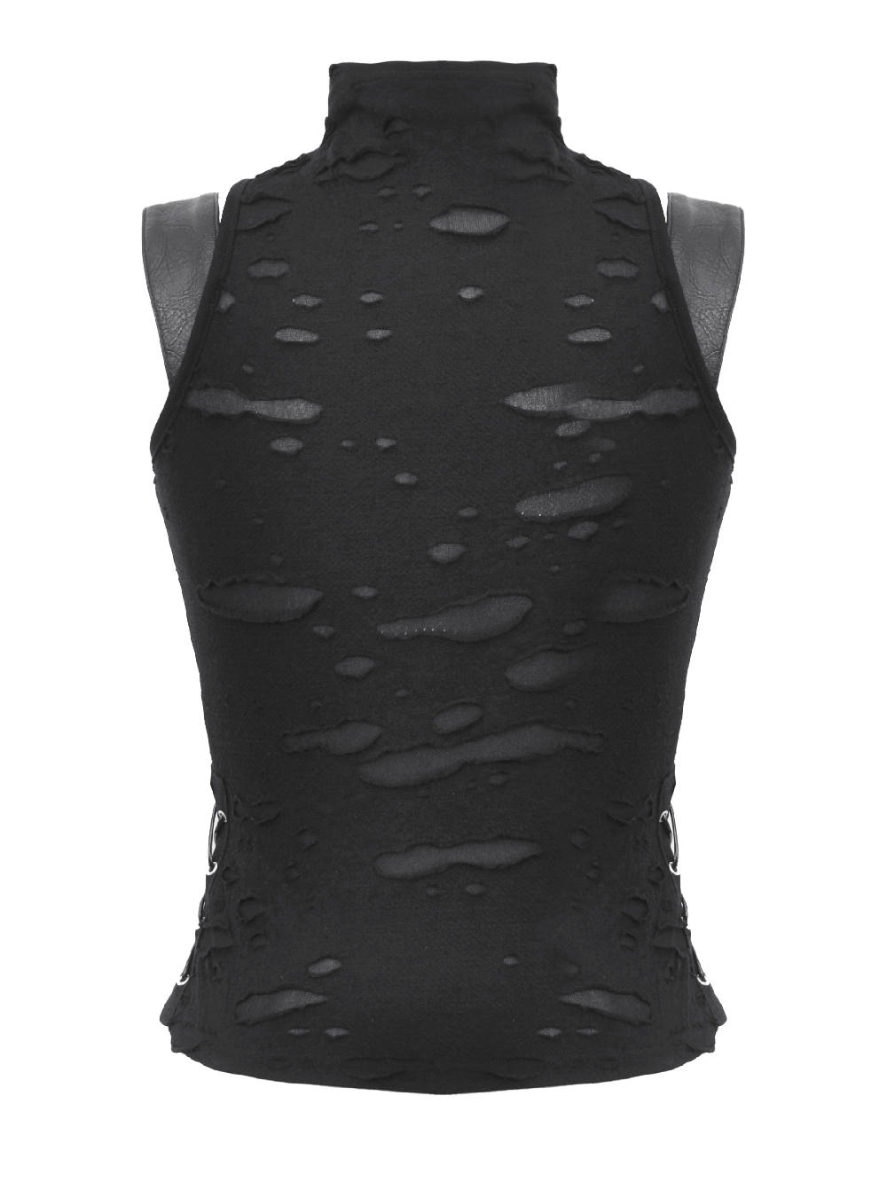 Gothic Punk sleeveless ripped black top with buckle straps and edgy detailing.