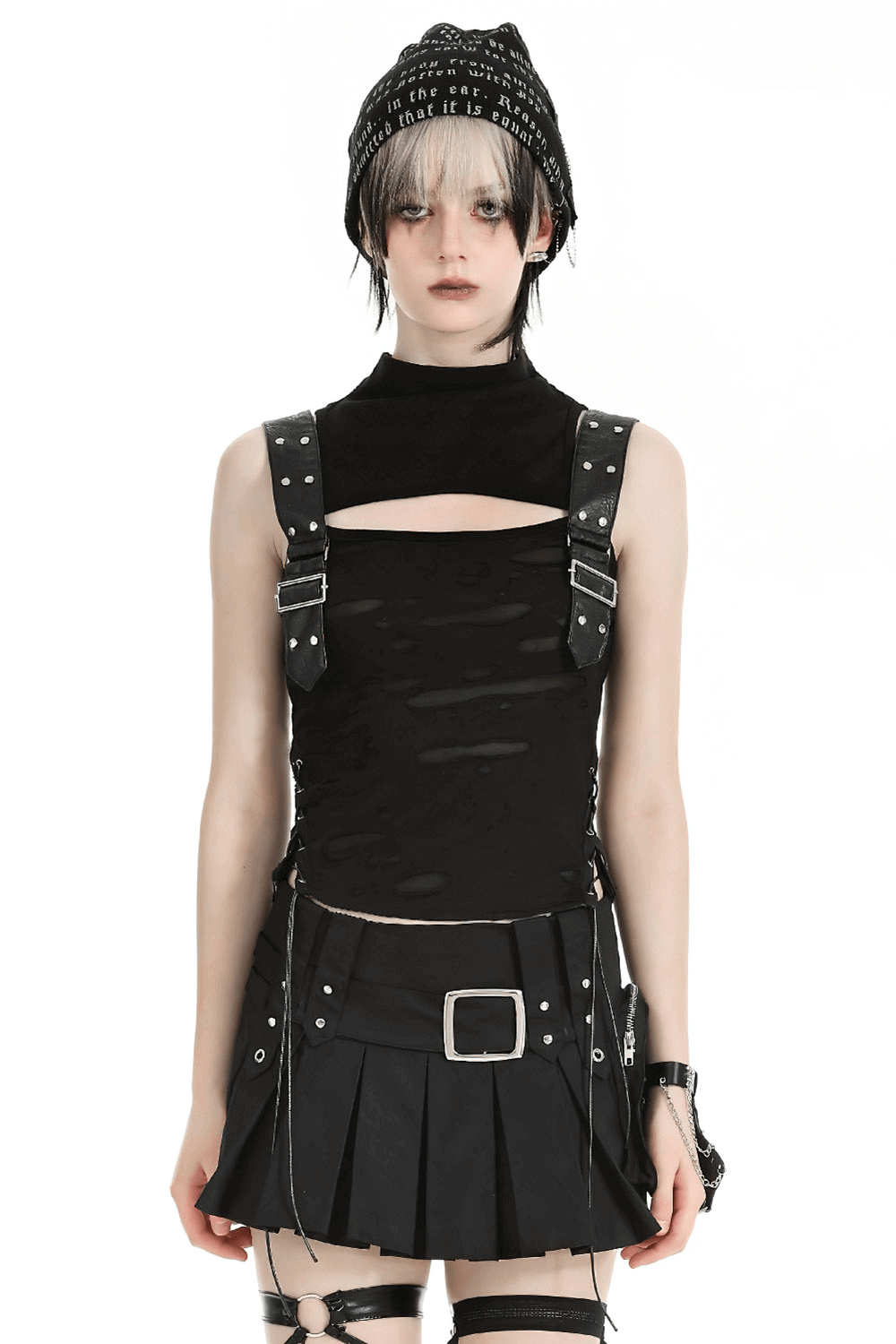 Edgy Gothic Punk sleeveless ripped top with buckle straps, paired with a stylish black skirt and accessories.