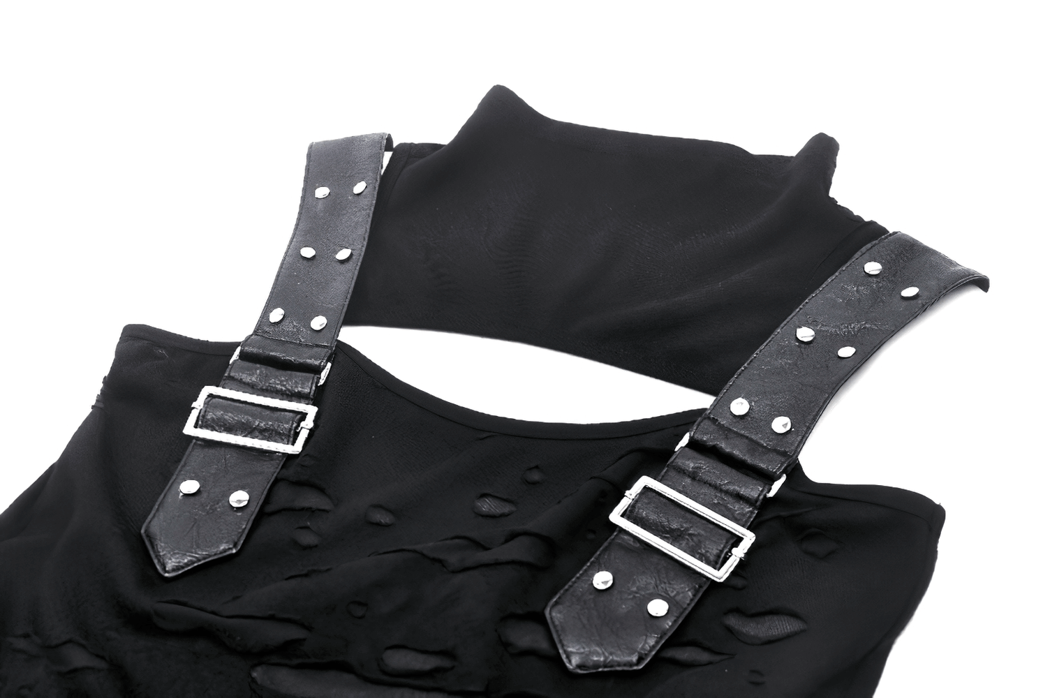 Gothic punk sleeveless ripped top with stylish buckle straps and edgy ripped detailing.