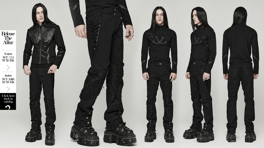 Gothic Punk Spider Mesh Paneled Pants with Eyelets, stylish urban wear with unique design features.