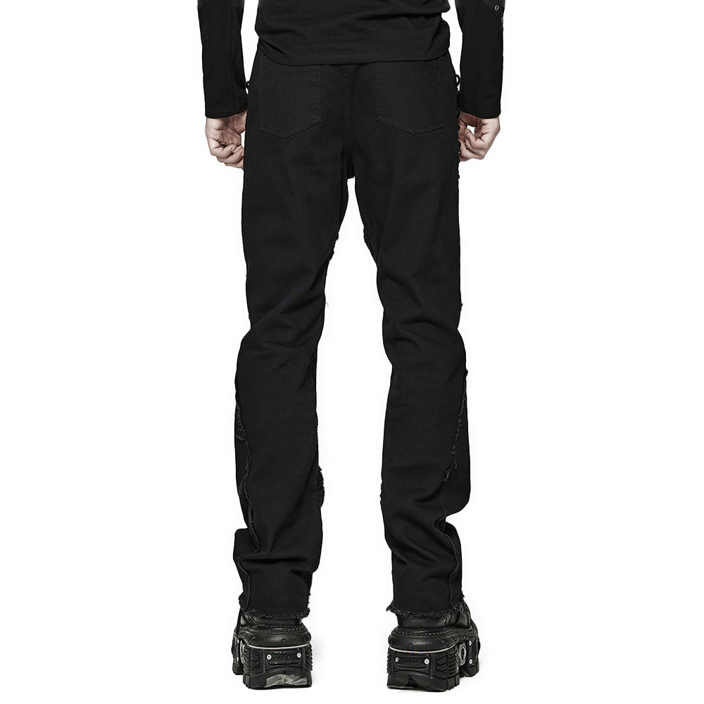 Back view of Gothic Punk Spider Mesh Paneled Pants with eyelets and black cracked leather detailing.