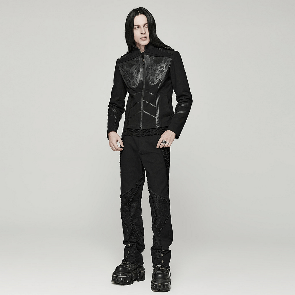 Gothic punk model wearing stylish spider mesh paneled pants and leather jacket, showcasing edgy urban fashion.