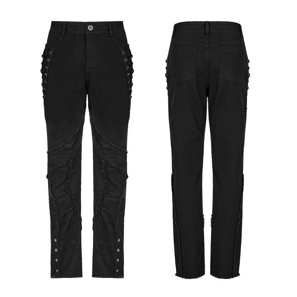 Gothic punk spider mesh paneled pants with eyelets, featuring cracked leather and unique asymmetrical design.