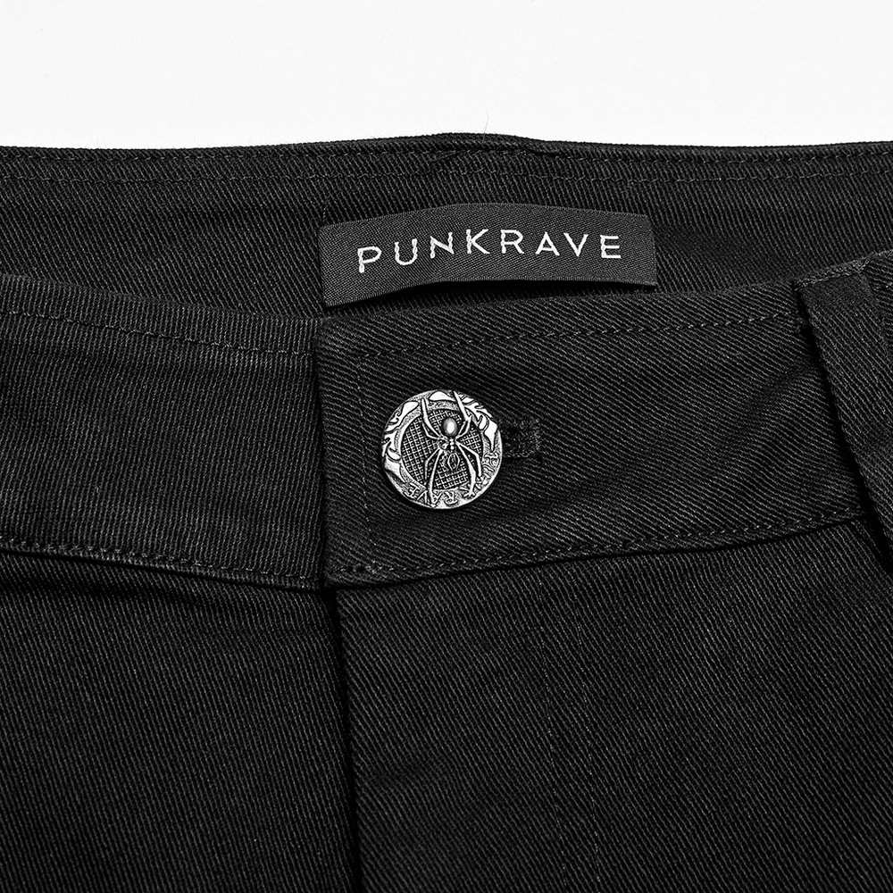 Close-up of Punkrave's Gothic Punk Spider Mesh Paneled Pants waist with unique spider button detail.