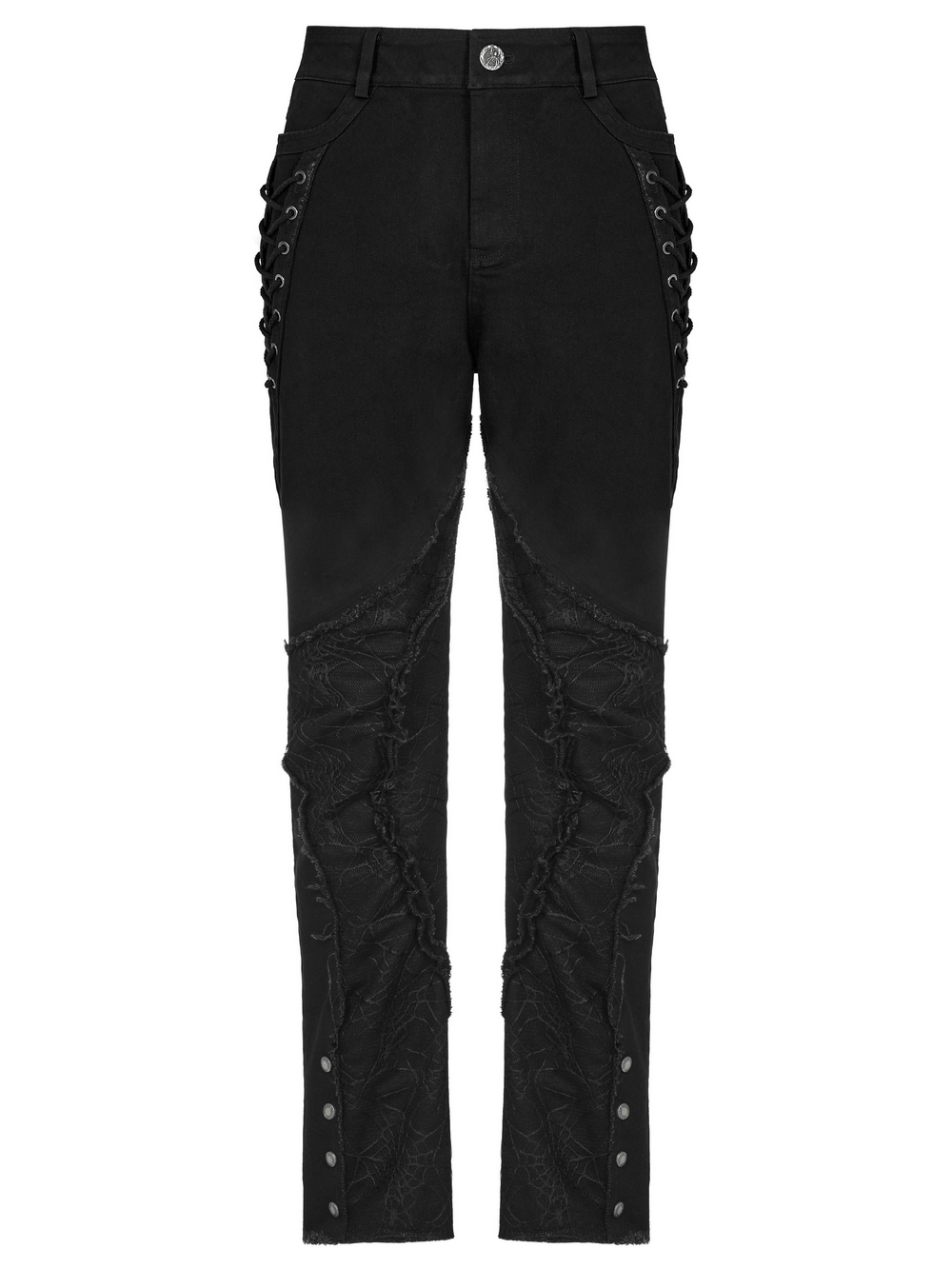 Gothic punk spider mesh paneled pants with eyelets, featuring edgy design and durable twill for bold urban fashion.