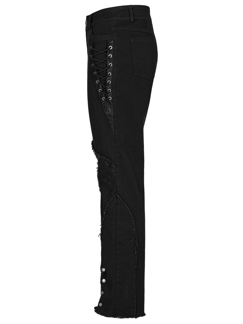 Gothic punk spider mesh pants featuring eyelets, asymmetrical design, and cracked leather detailing for a bold urban style.