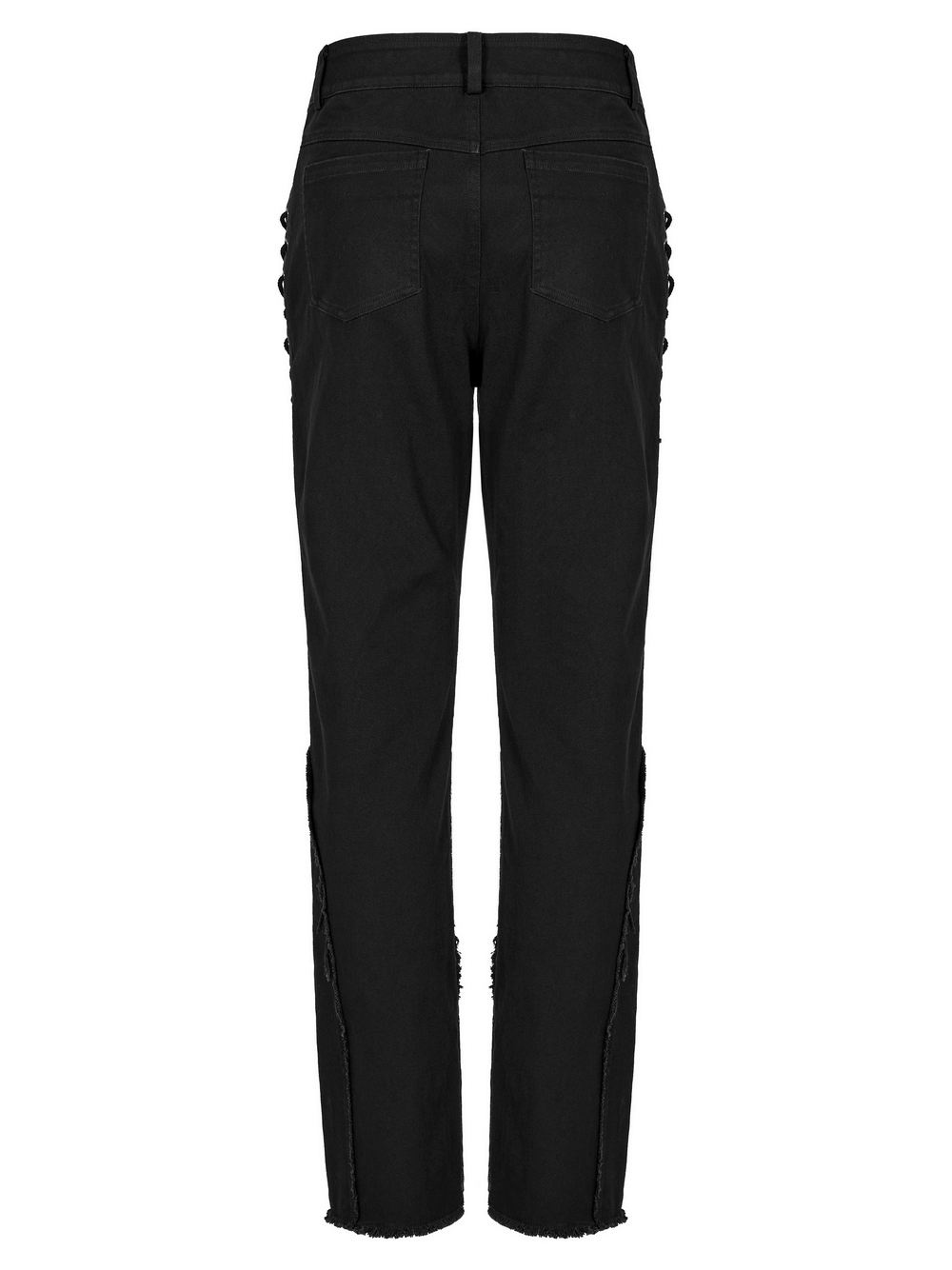 Back view of Gothic Punk Spider Mesh Paneled Pants with eyelets and raw edges for edgy urban style.