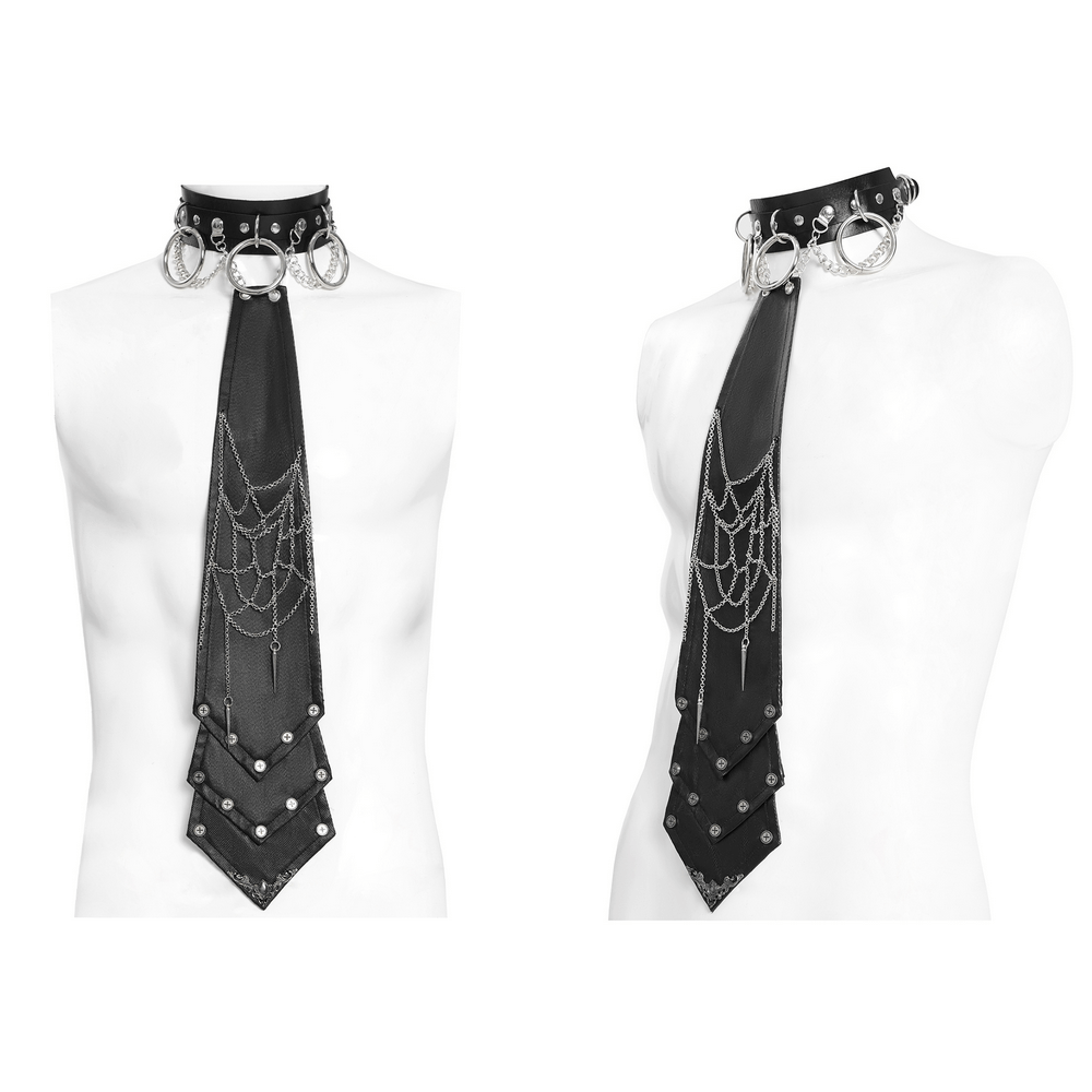 Gothic punk black necktie with spider web design and studs, perfect for a bold fashion statement.