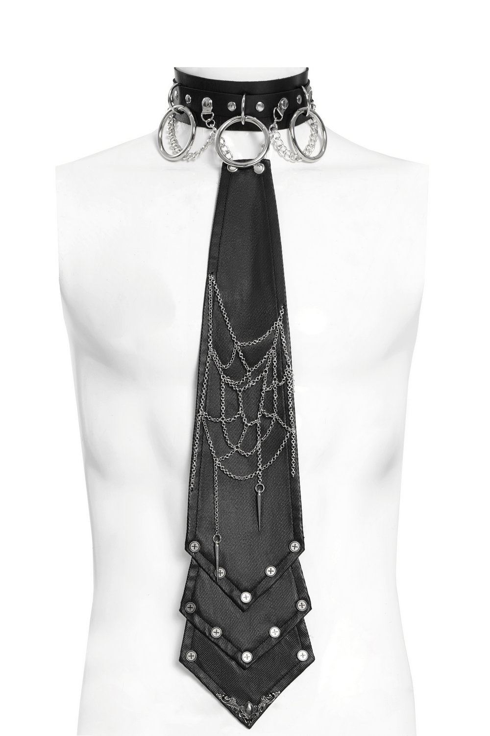 Gothic punk spider web chain necktie with studs, perfect edgy accessory for dark elegance.