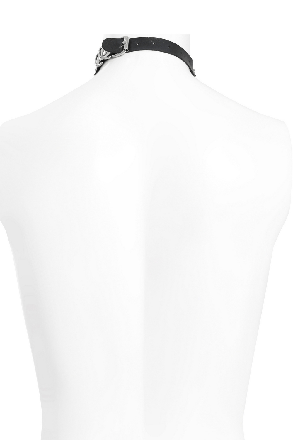 Back view of a black leather choker with metal buckle detail, showcasing gothic fashion style.