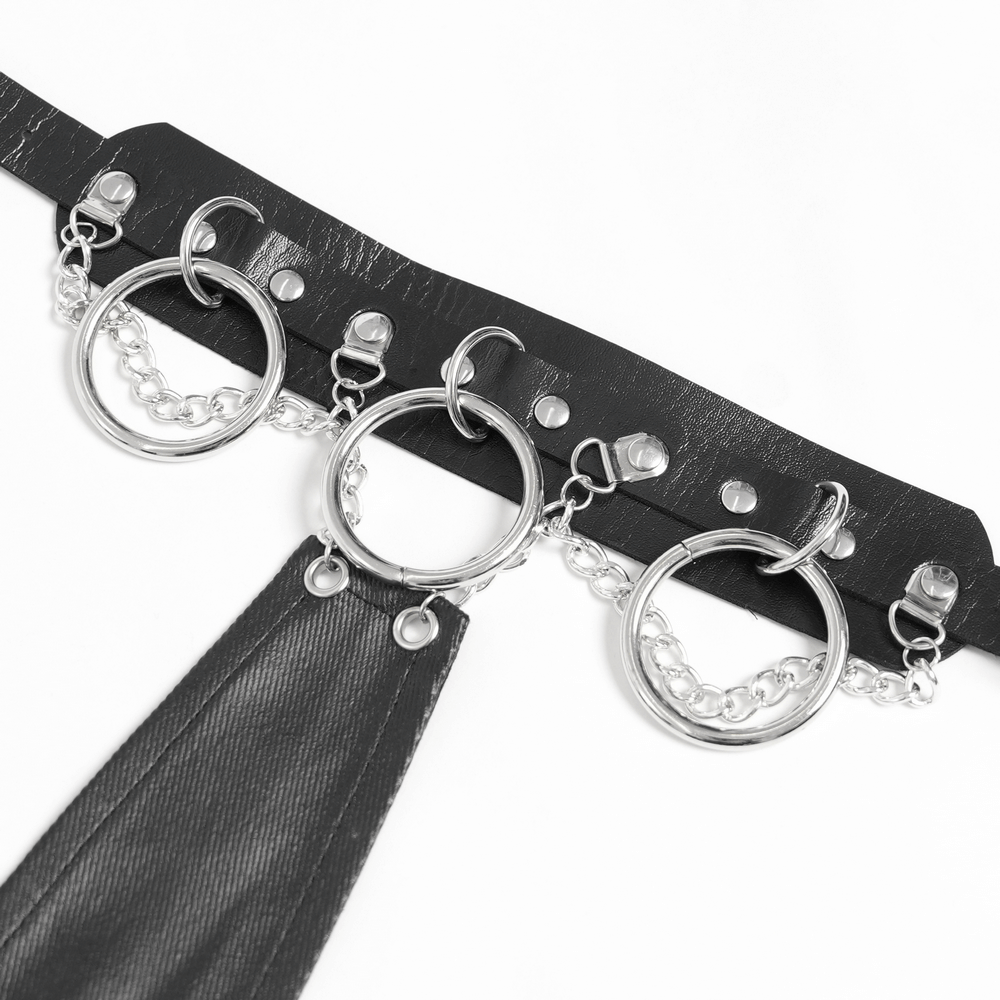 Gothic punk necktie detail featuring chains and rings with studded design for edgy fashion enthusiasts.