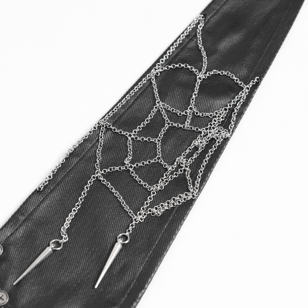 Gothic punk black necktie featuring spider web chain design and studded spikes, perfect for edgy style.