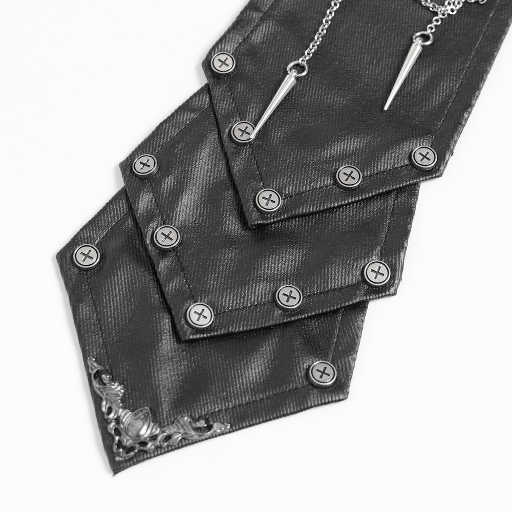 Gothic punk black chain necktie with spider web design and studded detailing for edgy style.