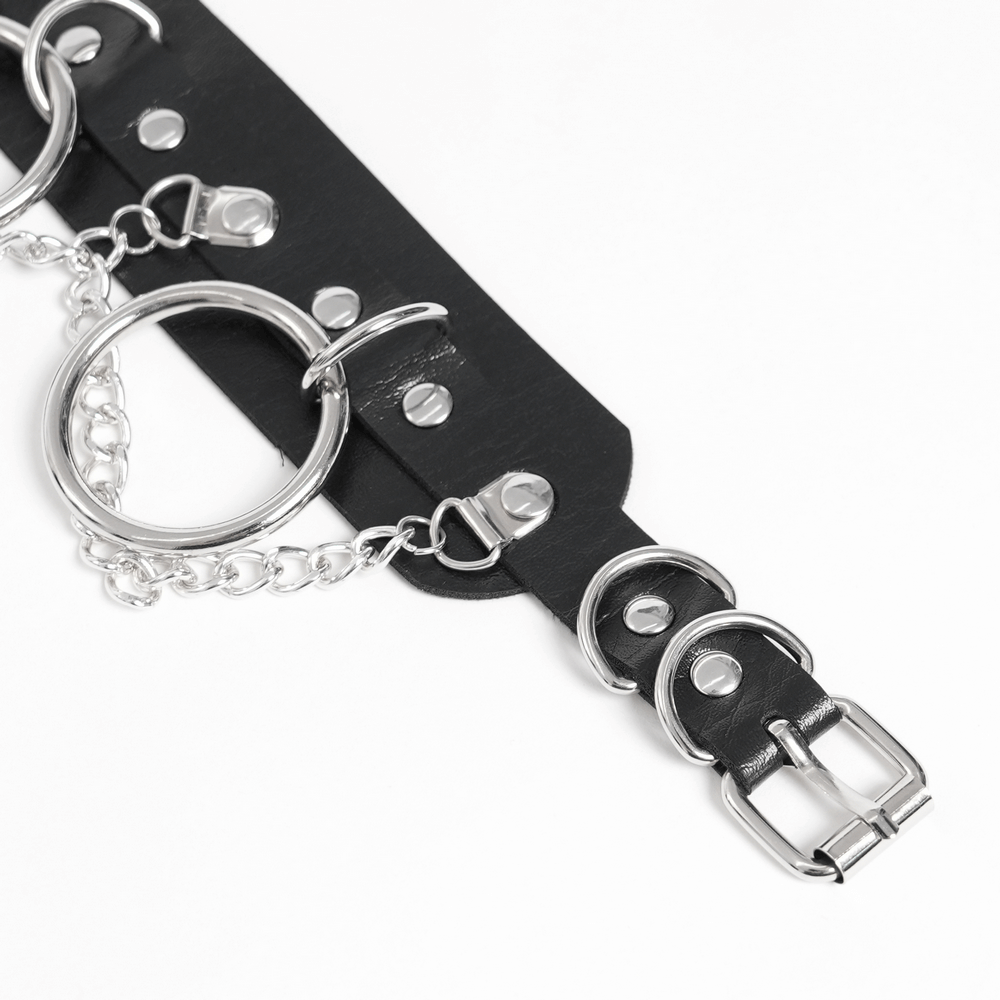 Black gothic punk choker with silver studs, chains, and metal rings for edgy style.