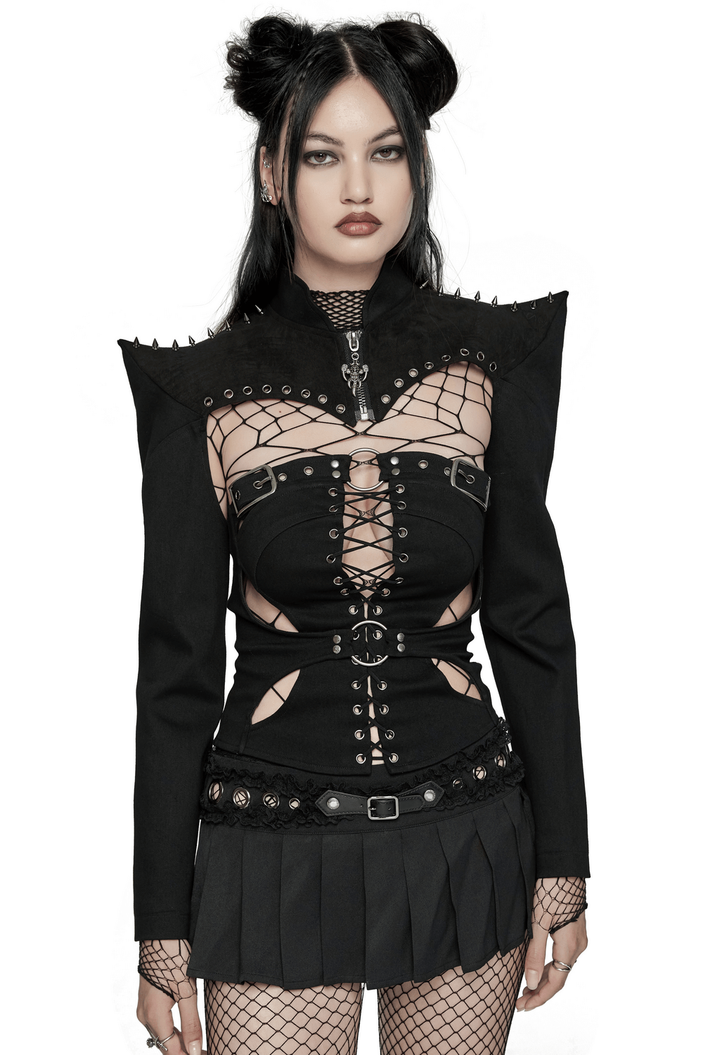 Gothic Punk Spiked Bolero mit Leder- und Denim-Details