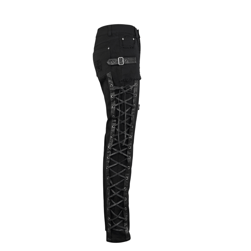 Men's black gothic punk trousers with buckle belt and lacing detail on the leg, stylish and trendy pants.