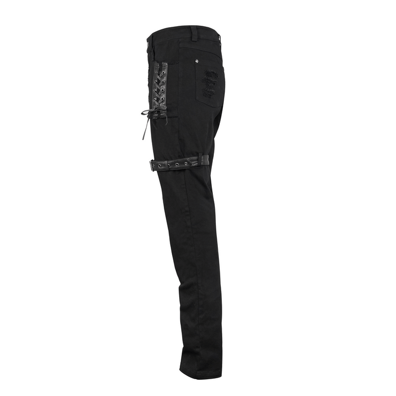 Side view of black Gothic punk straight trousers with lacing and buckle belt - trendy men's pants with modern cut.