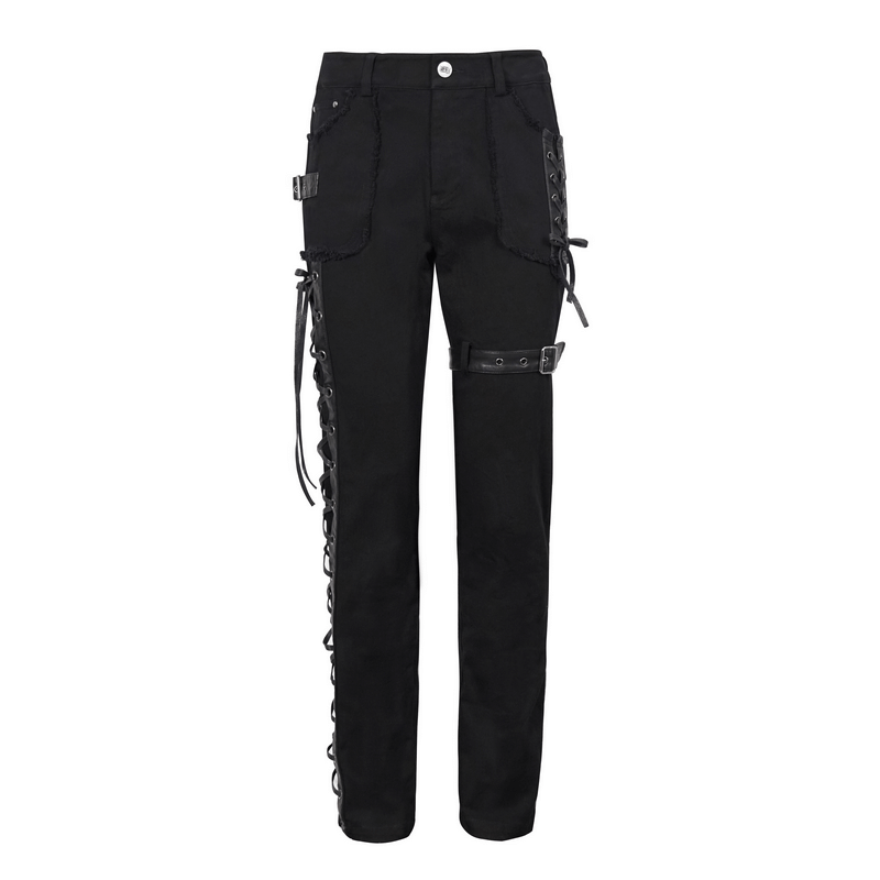 Gothic punk straight trousers in black with buckle belt and side lacing detail for men, stylish and trendy.