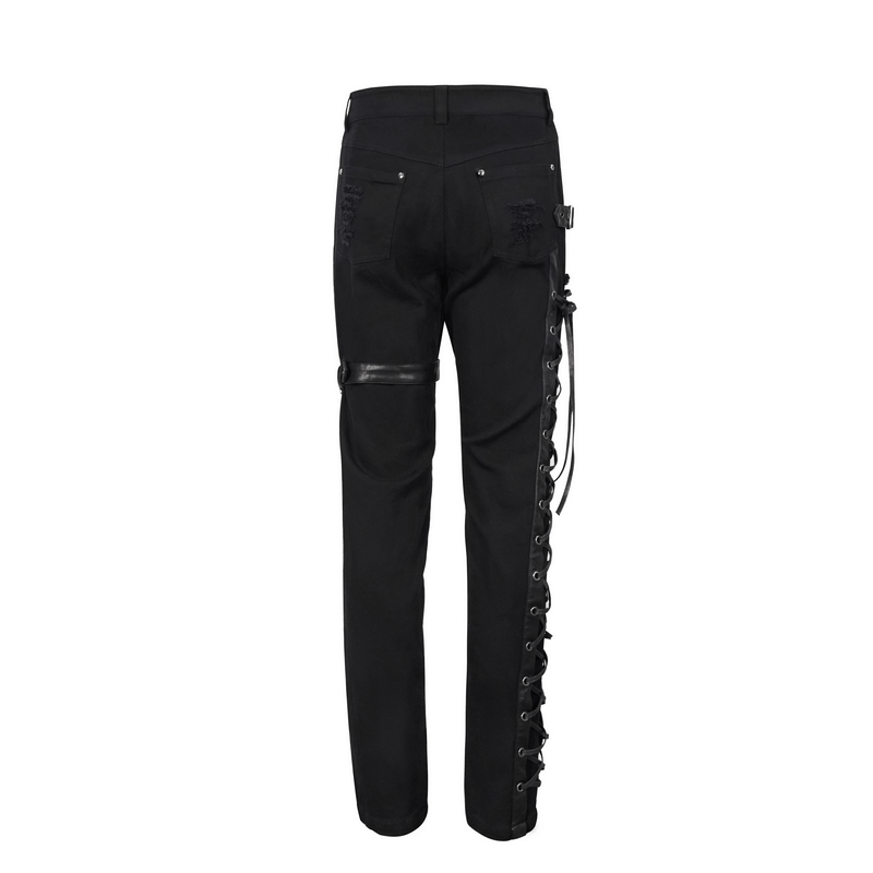 Gothic punk straight trousers for men, black pants with lacing detail and buckle belt, trendy and stylish.