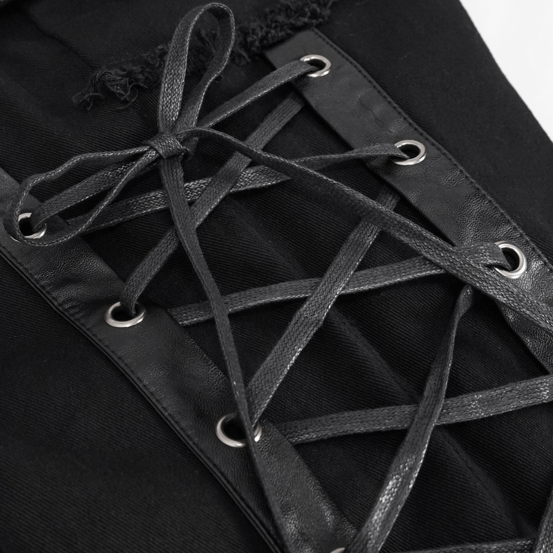 Close-up of the stylish lacing detail on black gothic punk trousers, showcasing modern fashion design.