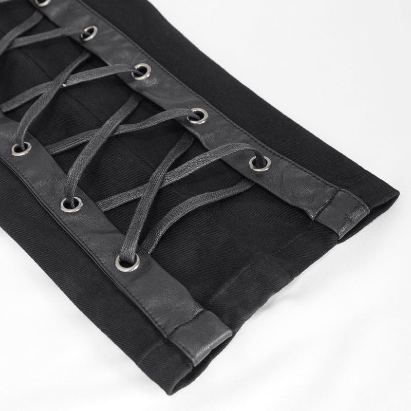 Close-up of black punk trousers featuring stylish lacing detail on the leg, perfect for a trendy gothic look.