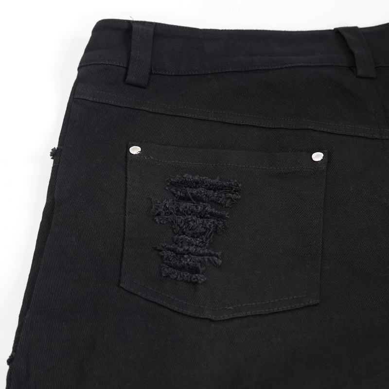 Close-up of black men's pants with distressed pocket detail, showcasing trendy punk style lacing and fabric.