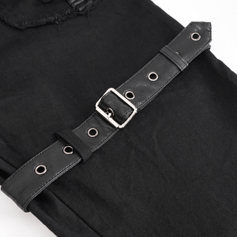 Close-up of gothic punk black trousers with buckle belt and eyelets, showcasing trendy punk style details.