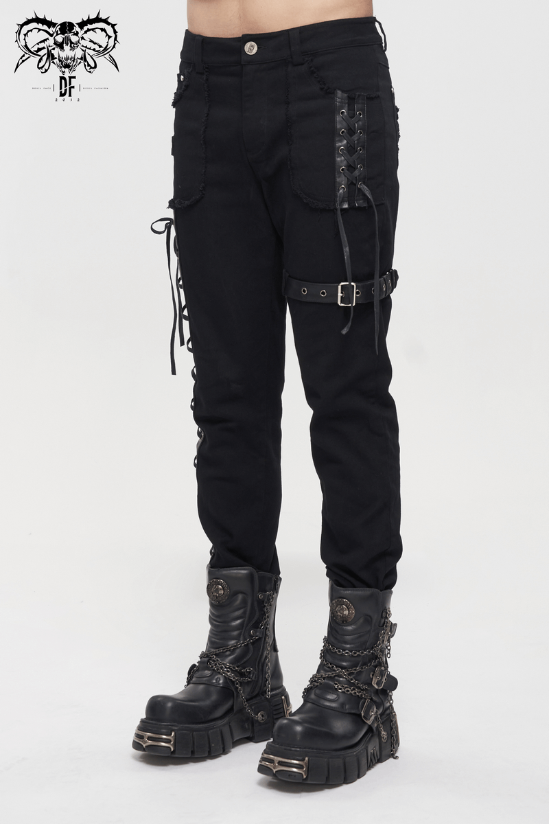 Men's gothic punk trousers in black with lacing, buckle belt, and stylish design for trendy outfits.