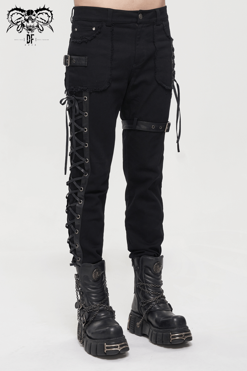 Men's Gothic Punk black trousers with lacing details, buckle belt, and stylish pockets, perfect for a trendy punk look.
